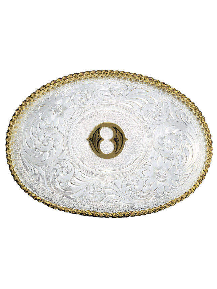 Montana Silversmiths 700 Initial Silver Engraved Gold Trim Western Belt Buckle for Men & Women - Perfect for Cowboy Boots, Jeans & Western Outfits