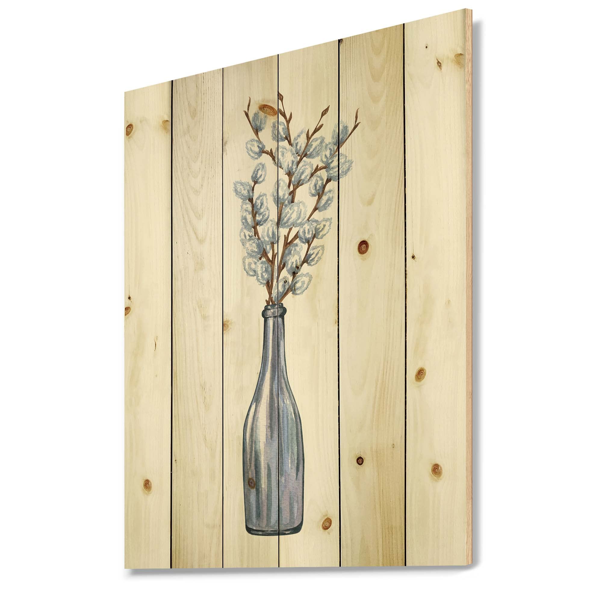 Farmhouse Wood Wall Decor - Blue Pussy Willow Twigs Wall Art, Large Floral Wood Panels Printed on Natural Pine | Rustic Home Decor for Living Room, Bedroom & Office
