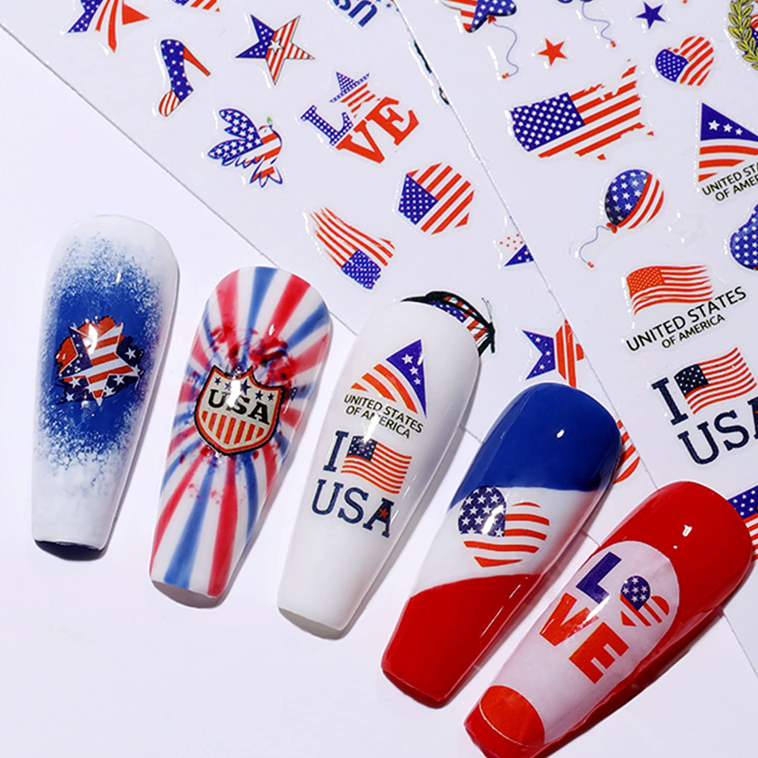 8 Sheets American Flag Nail Stickers - USA Independence Day Nail Decals with Stars, Butterflies & Heart Designs | Nail Art Supplies for Women | Perfect for 4th of July Parties, Patriotic Events & Nail Salon Decorations