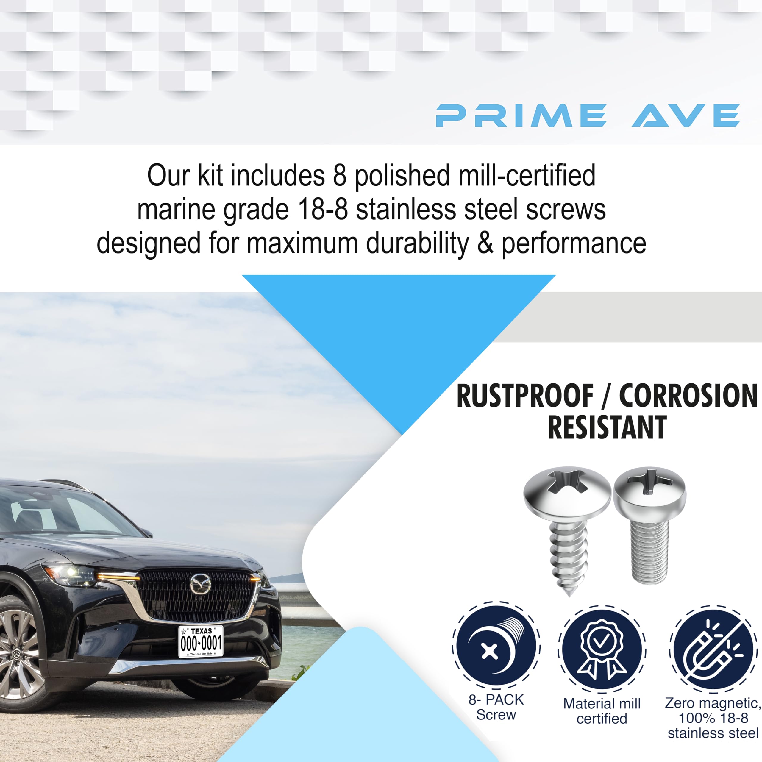 Stainless Steel License Plate Screws - Rust Proof & Durable Fasteners for Car License Plates, Frames & Covers - Fits Mazda & Most Vehicles (8-Pack) - Perfect for Front/Rear Plate Installation & Secure Mounting