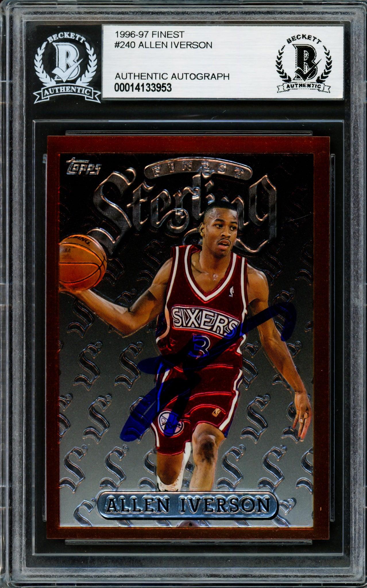 Allen Iverson Autographed 1996-97 Topps Finest Sterling Rookie Card #240 Philadelphia 76ers Beckett BAS #14133953 - Rare Collectible for NBA Memorabilia Fans & Sports Card Collectors - Perfect for Display, Investment or Gift