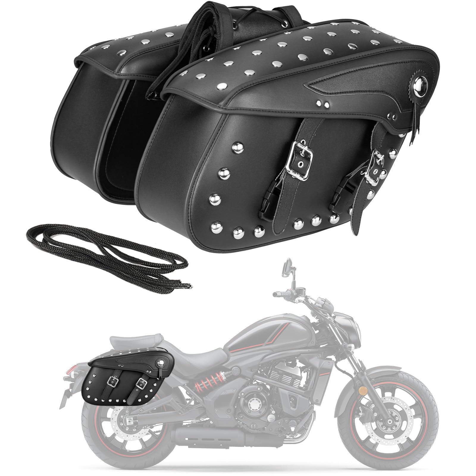 INNOGLOW Motorcycle Saddlebags - 2PCS Synthetic Leather Side Bags with Rivets, Waterproof Tool Storage for Harley, Kawasaki, Suzuki, Ducati Cruiser & Bobber - Perfect for Road Trips, Commuting & Adventure Riding