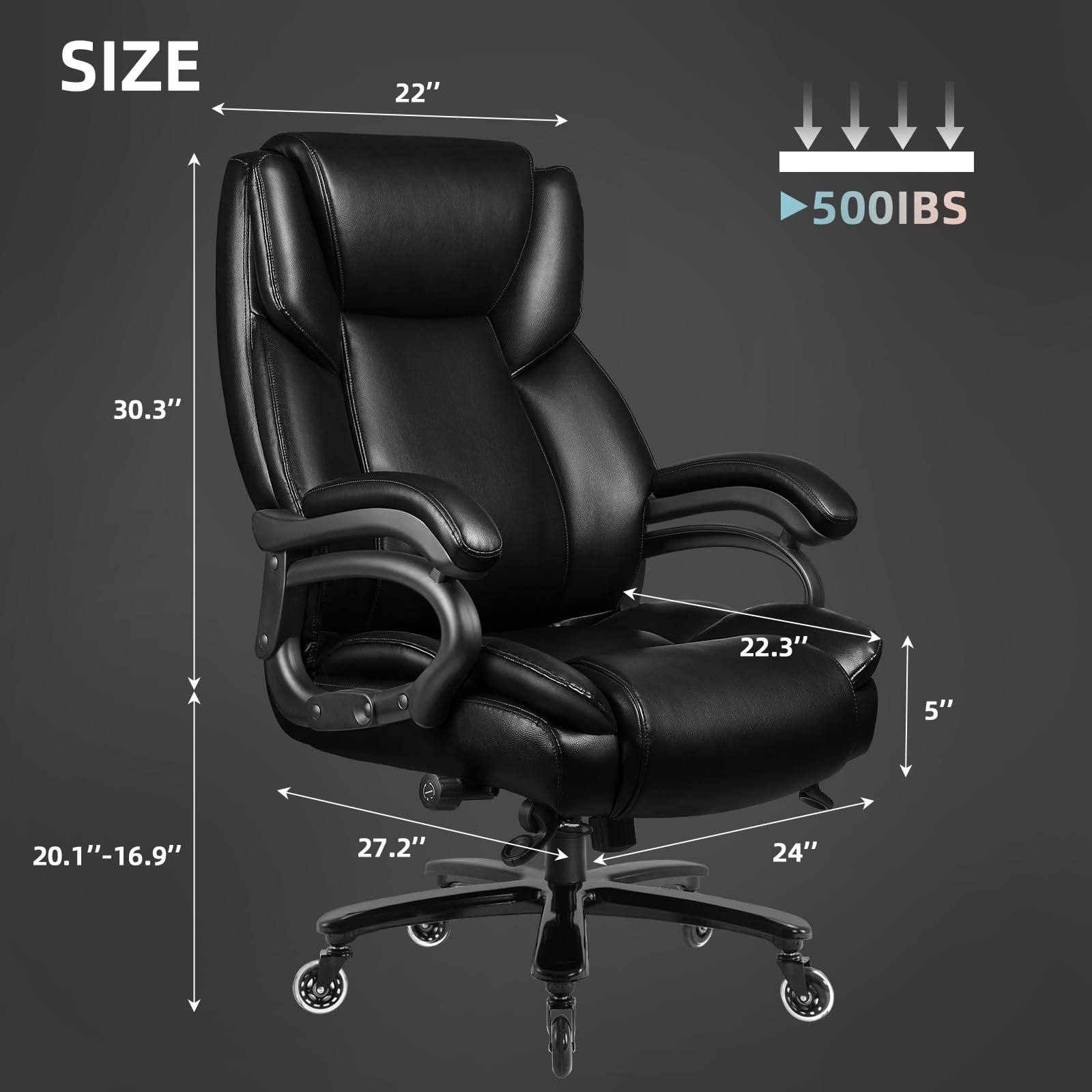 VITESSE 500lbs Heavy Duty Ergonomic Office Chair - Big & Tall Executive Chair with Lumbar Support for Back Pain Relief - High Back Desk Chair with Quiet Rubber Wheels for Home & Office Workspaces