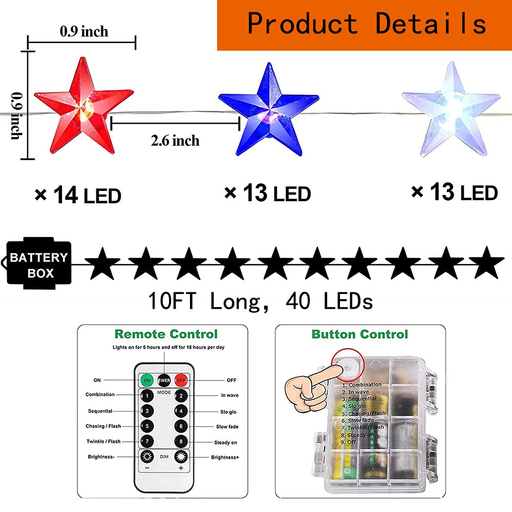 4th of July Patriotic Lights - 10FT 40LED Battery Operated String Lights with Remote Timer for Independence Day, Memorial Day & Christmas Decorations | Perfect for Home, Yard, Party & Outdoor Celebrations