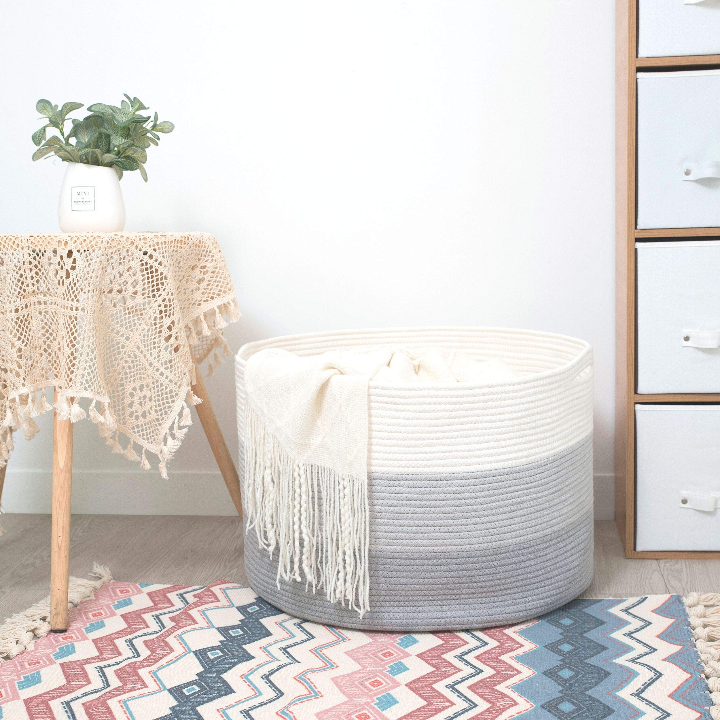 MINTWOOD Extra Large 22x14 Inch Woven Cotton Rope Storage Basket - Light Gray 3-Tone Decorative Bin for Laundry, Blankets, Towels & Dog Toys | Perfect for Bedroom, Bathroom & Nursery Organization