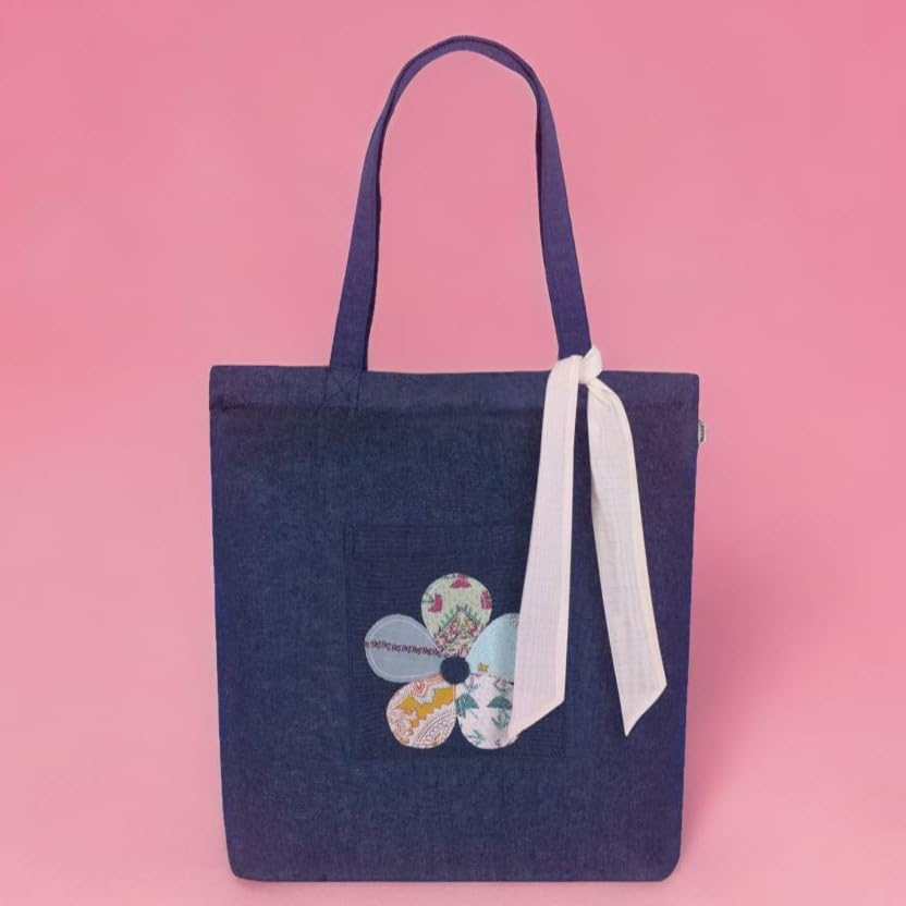 MASQ by Q-One Women's Embroidered Denim Tote Bag with Zipper Closure - 100% Organic Cotton College Bag for Girls, Stylish Travel & Everyday Purse | Perfect Gift for Women, Students & Fashion Lovers | Ideal for School, Shopping, Work & Weekend Outings