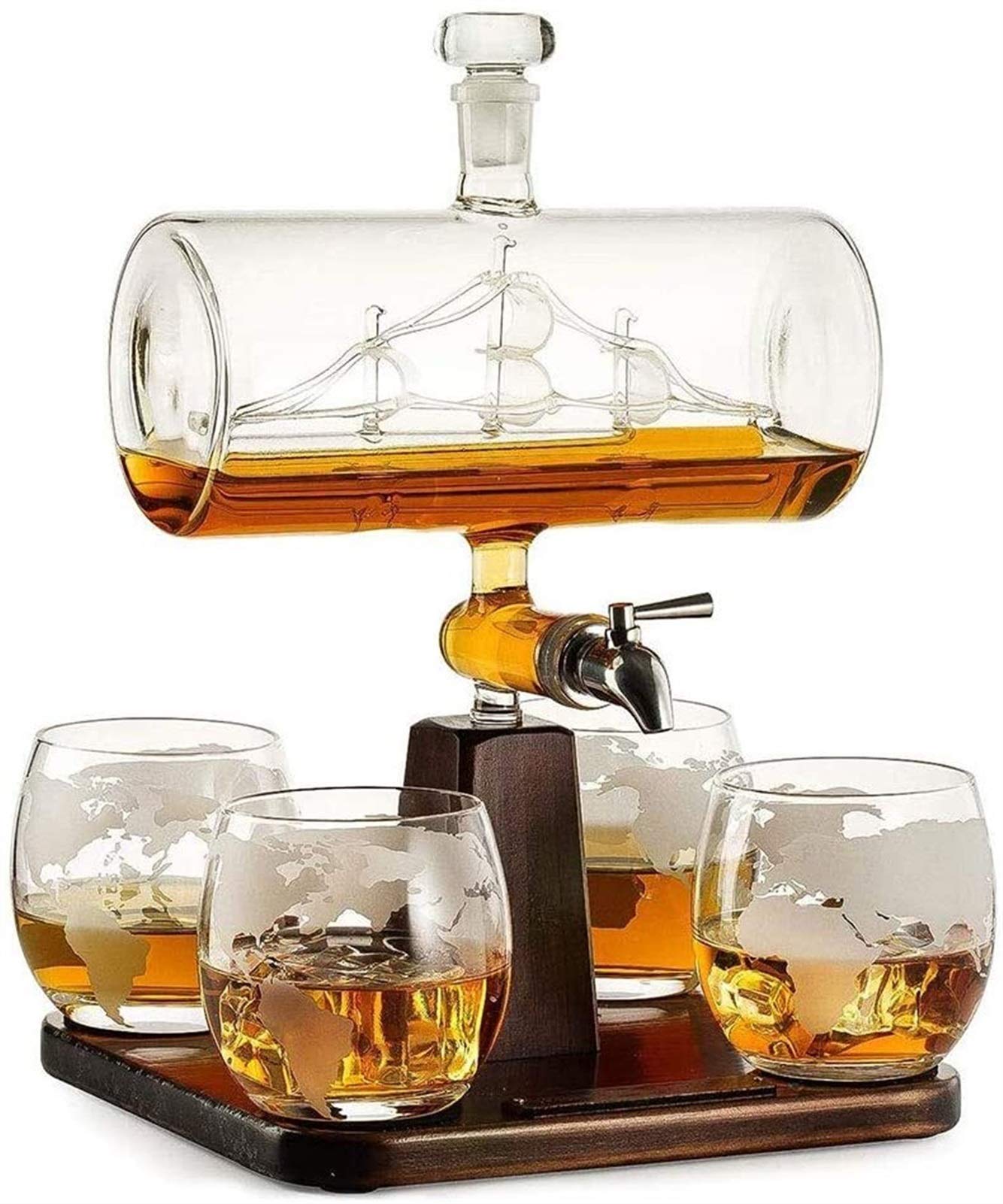 Premium Whiskey Decanter Set with 4 Glasses, 4 Whiskey Stones & Wood Stand - Crystal Decanter for Bourbon, Scotch & Wine - Elegant Home Bar Accessories & Gift for Whiskey Lovers