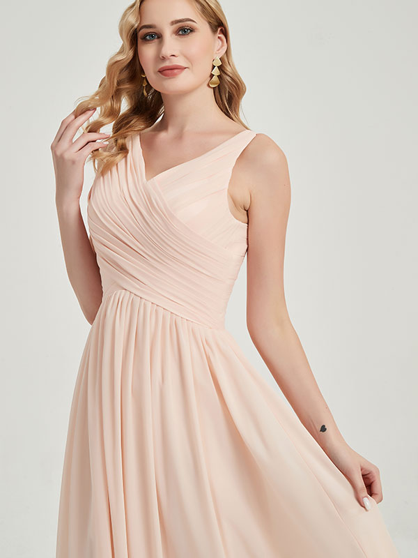 Elegant Dark Navy Blue Wide Straps Sleeveless V-Neck Pleated Flowy Bridesmaid Dress - Perfect for Weddings, Parties & Formal Events
