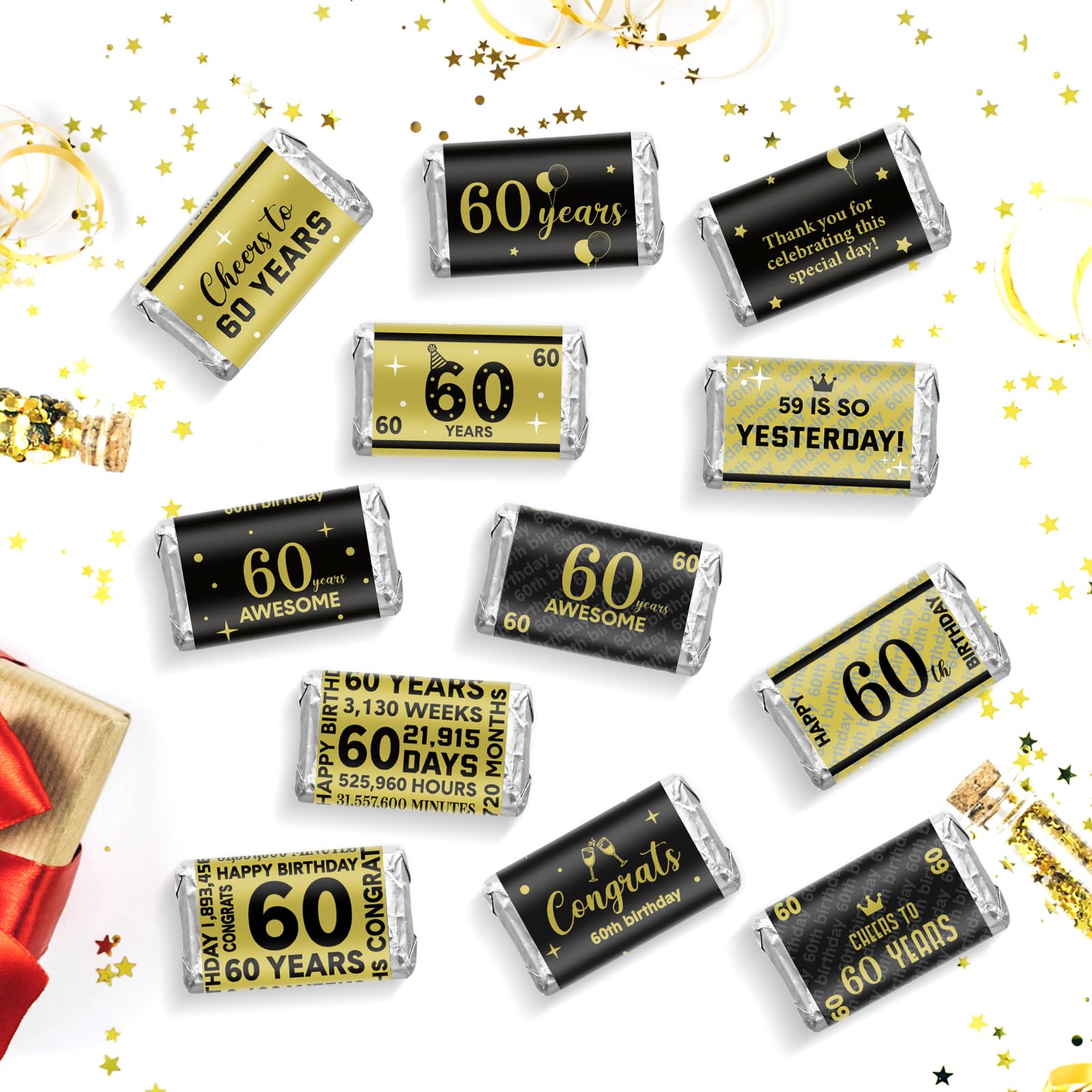 Tenare 90 Pcs Black & Gold 60th Birthday Candy Bar Wrappers - Chocolate Decoration Labels for Anniversary Party Supplies | Perfect for Milestone Celebrations, Candy Buffets & Themed Events
