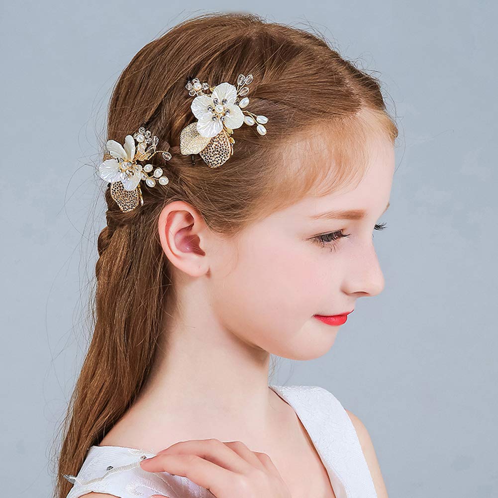 PRDGIRL Pearl Hair Clips for Wedding - Bridal Hair Accessories for Women & Girls (Pack of 2, Gold) - Perfect for Flower Girls & Brides