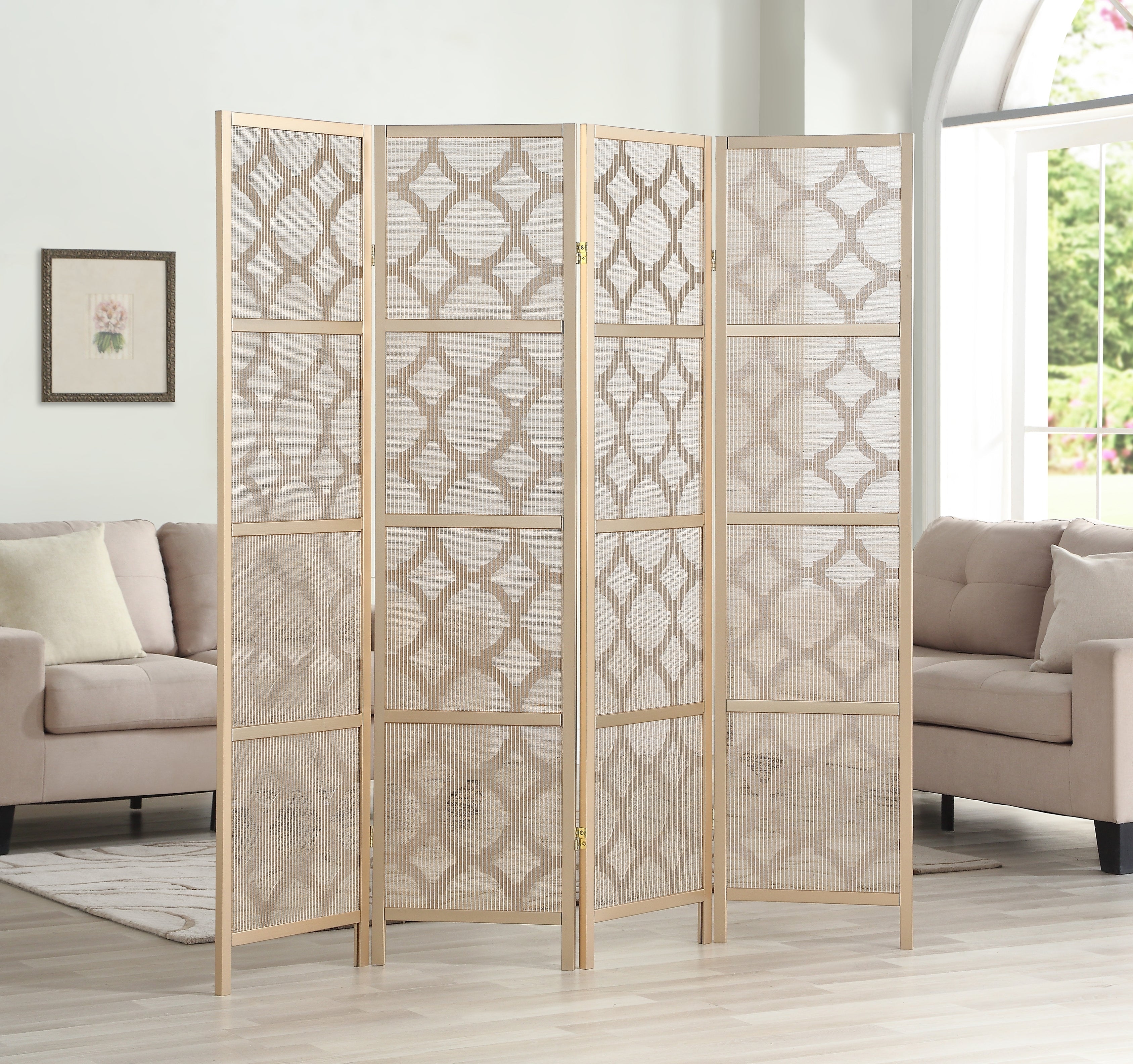 Roundhill Furniture Quarterfoil Diamond Design 4-Panel Room Divider in Gold - Perfect for Living Room, Bedroom, and Office Space Partition