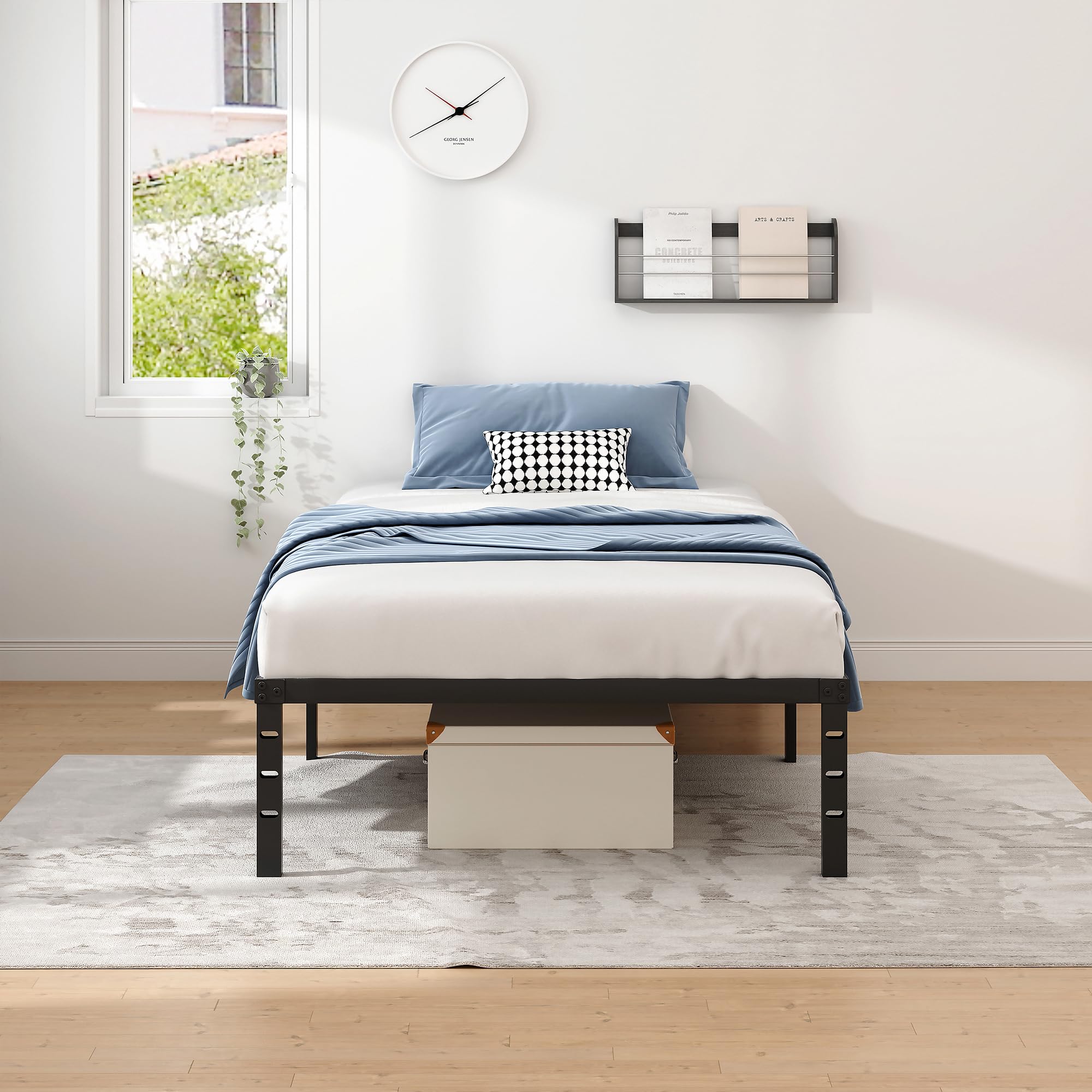 Metal Twin Size Bed Frame with Storage Space - Heavy Duty Sturdy Mattress Foundation, Easy Assembly No Box Spring Needed - 14 Inch Black Bed Frame for Small Spaces & Guest Rooms