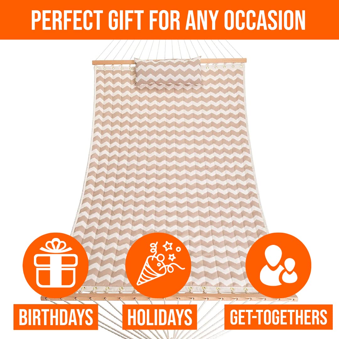 Castaway Living Large 11.5 ft Beige Chevron Polyester Quilted Hammock with Pillow - Includes Storage Bag, Extension Chains & Tree Hooks - 350 lb Weight Capacity - Perfect for Backyard, Patio, Camping & Beach Relaxation