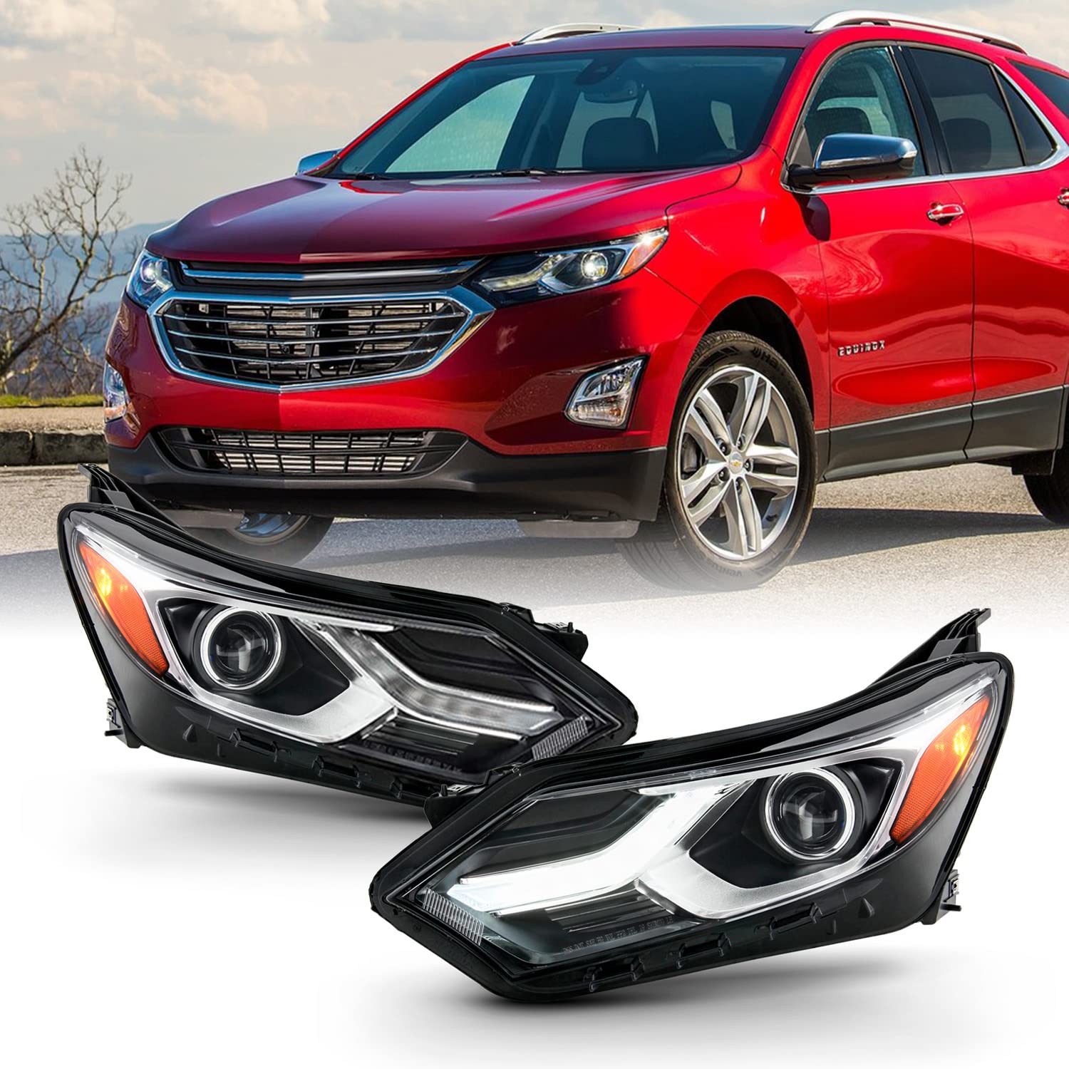 AKKON LED Headlights for 2018-2021 Chevy Equinox - HID/Xenon Style DRL Chrome Headlamp Pair (Driver Left + Passenger Right) | Upgrade Your Car Lighting for Night Driving & Enhanced Visibility