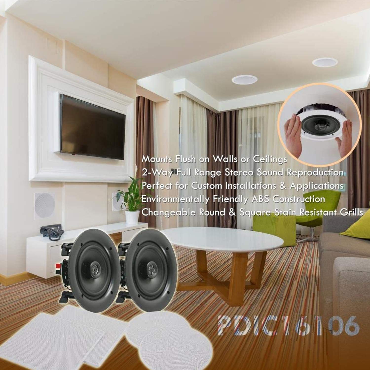 Pyle PDIC1661 10 Inch 300 Watt In-Ceiling Wall Speakers - 2 Way Flush Mount Home Indoor Stereo Speaker System (2 Pack) with Changeable Round & Square Grills, White - Perfect for Home Theater, Living Room & Background Music