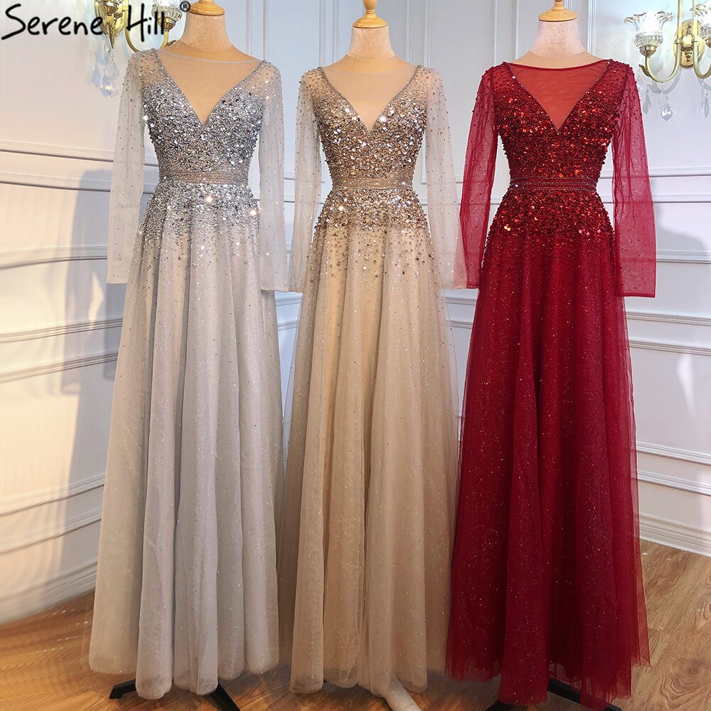 Elegant Wine Red A-Line Evening Dress with Dubai Beading & Long Sleeves - Sexy Formal Gown for Prom, Wedding & Special Occasions - Serene Hill Design LA70734