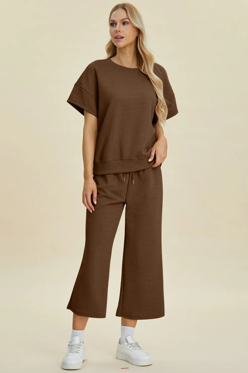 Women's Full Size Textured Round Neck Travel Top and Pants Set - Comfortable Lounge Wear for Airplane, Vacation & Casual Outings