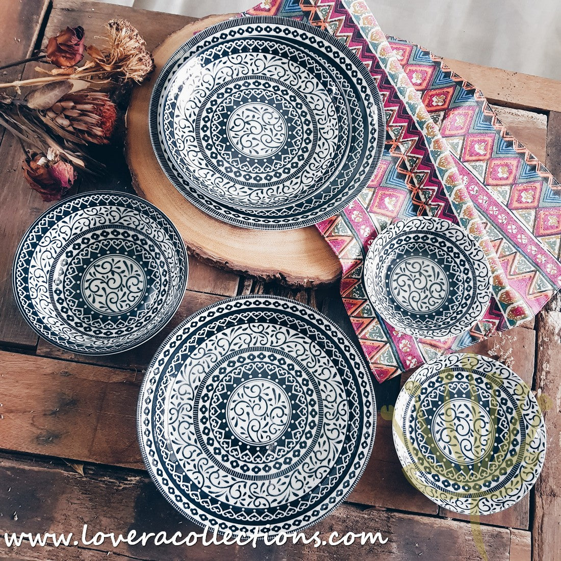 Awasaka Japan Black & White Tribal Dinnerware Set - Modern Ceramic Plates & Bowls for Dining, Entertaining & Home Decor (50% Off Sale)