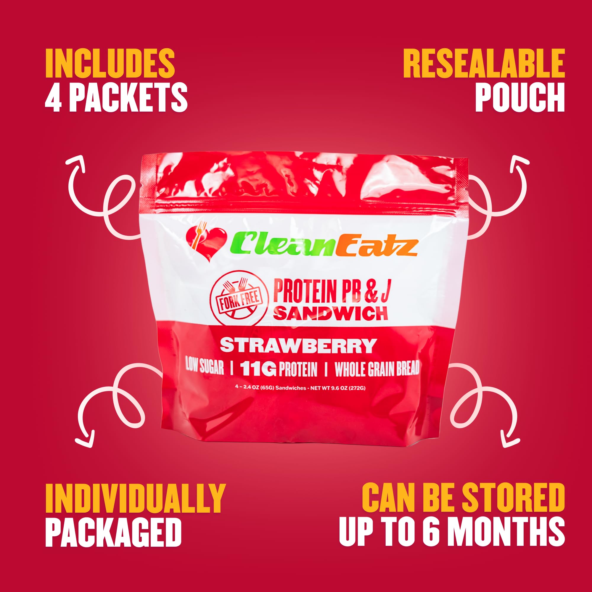 Clean Eatz Peanut Butter & Strawberry Jam Jelly Sandwiches - 4 Pack (9.6 OZ) | Thaw & Eat | Perfect for School Lunches, Quick Snacks & On-the-Go Meals