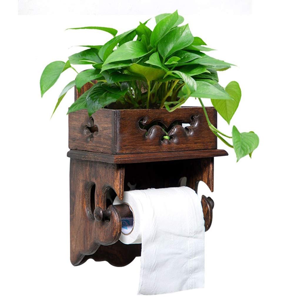 Vintage Wooden Toilet Paper Holder - Wall Mounted, No Drill, Waterproof Bathroom Tissue Roll Stand - Rustic Brown (17x12x28cm) - Perfect for Farmhouse, RV, and Small Bathroom Decor