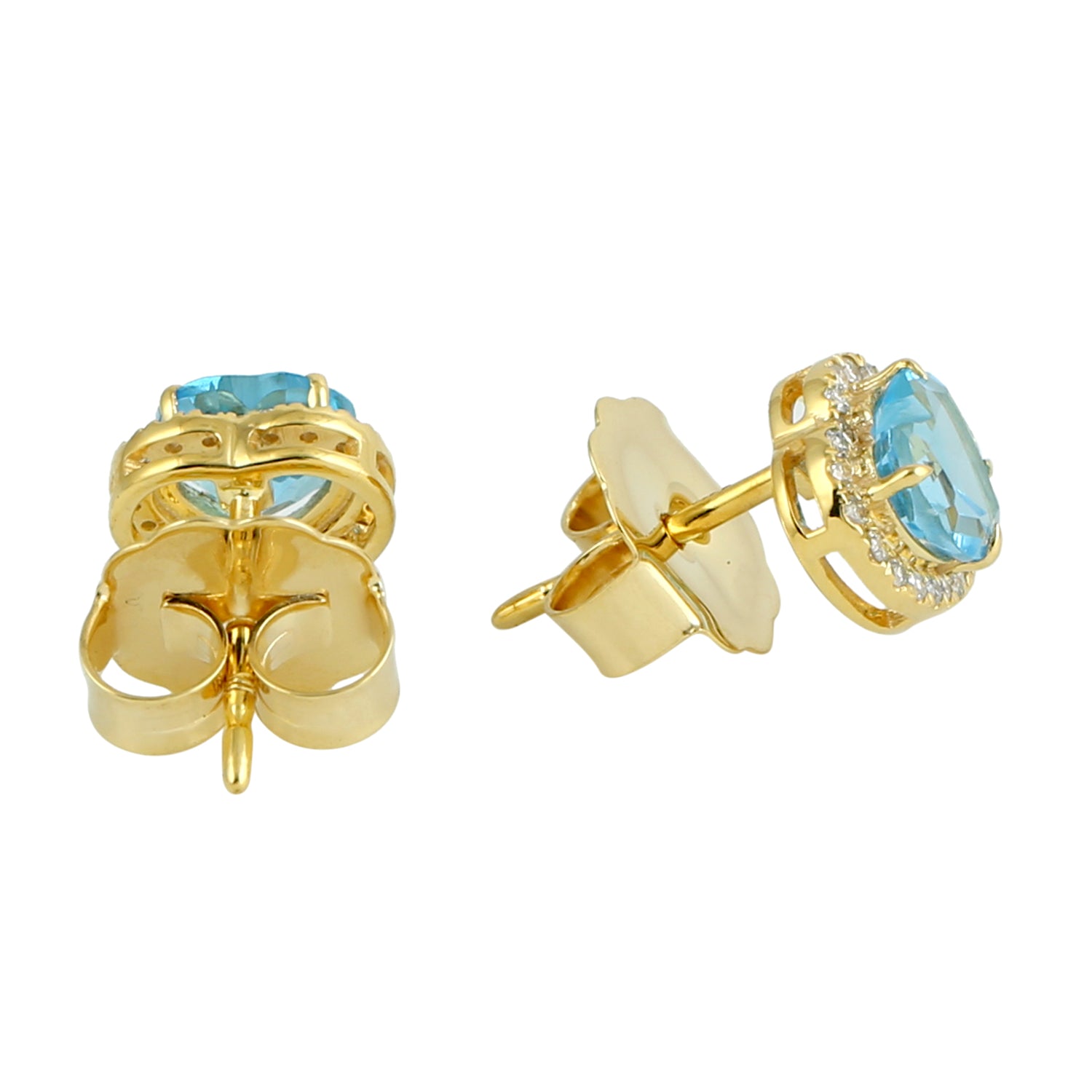 14K Yellow Gold Blue Topaz Pave Diamond Heart Stud Earrings - Perfect Valentine's Day Gift for Her, Anniversary, Birthday & Romantic Occasions