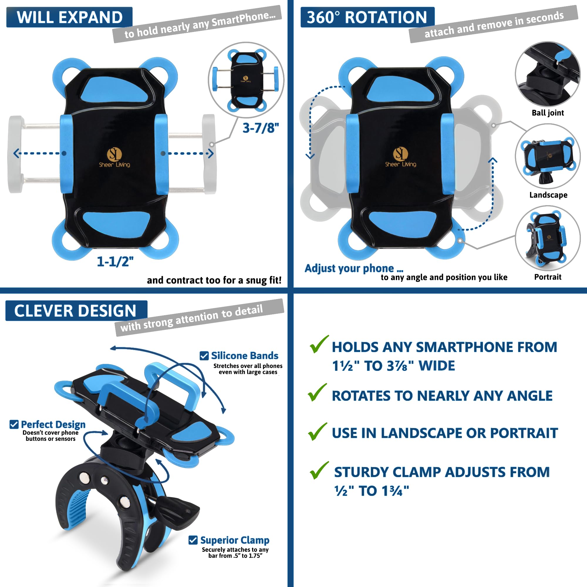 Universal Baby Stroller Phone Holder - Adjustable Handlebar Mount for iPhone & Smartphones - Perfect for Shopping Carts, Golf Carts, Bikes, Motorcycles, Scooters, ATVs, Boats, Spin Bikes & Treadmills - Secure Blue Phone Clamp for Active Lifestyles & Outdoor Adventures