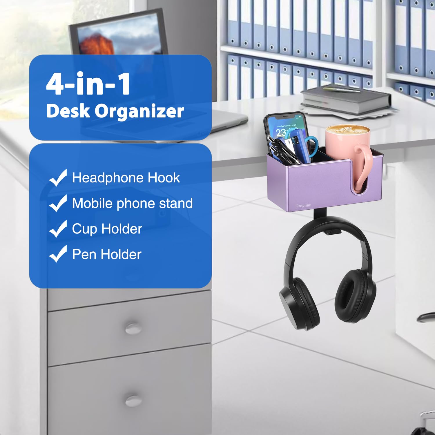 ROSYLINE 3-in-1 Desk Organizer with Cup Holder, Pen Holder & Headphone Hook - Purple ABS & Metal Design for Office, Home & Dorm Organization