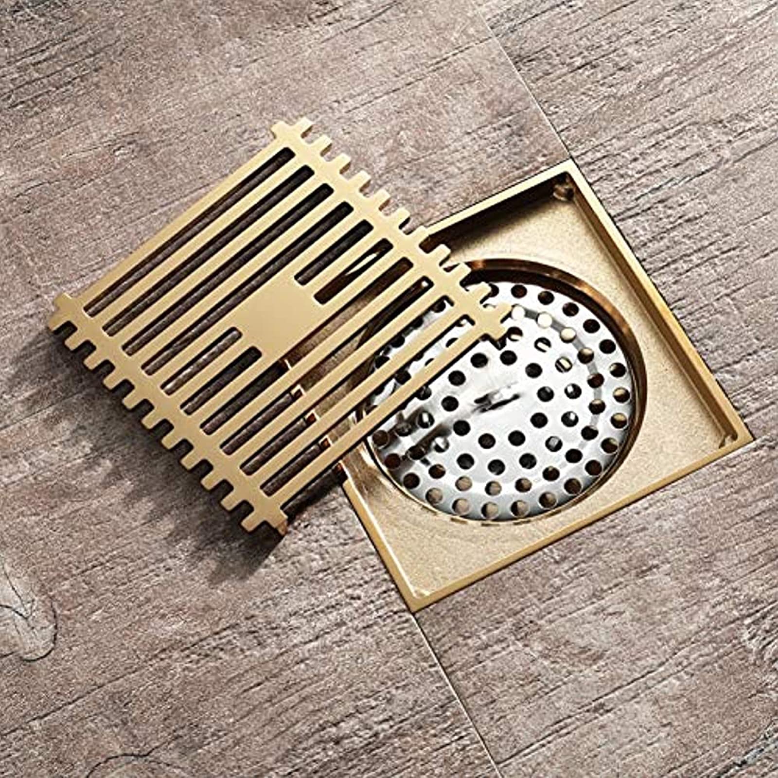 4 Inch Square Brass Shower Drain in Champagne Gold - Bathroom Floor Drain with Removable Cover & Odor Prevention - Perfect for Modern Bathrooms, Walk-in Showers & Wet Rooms