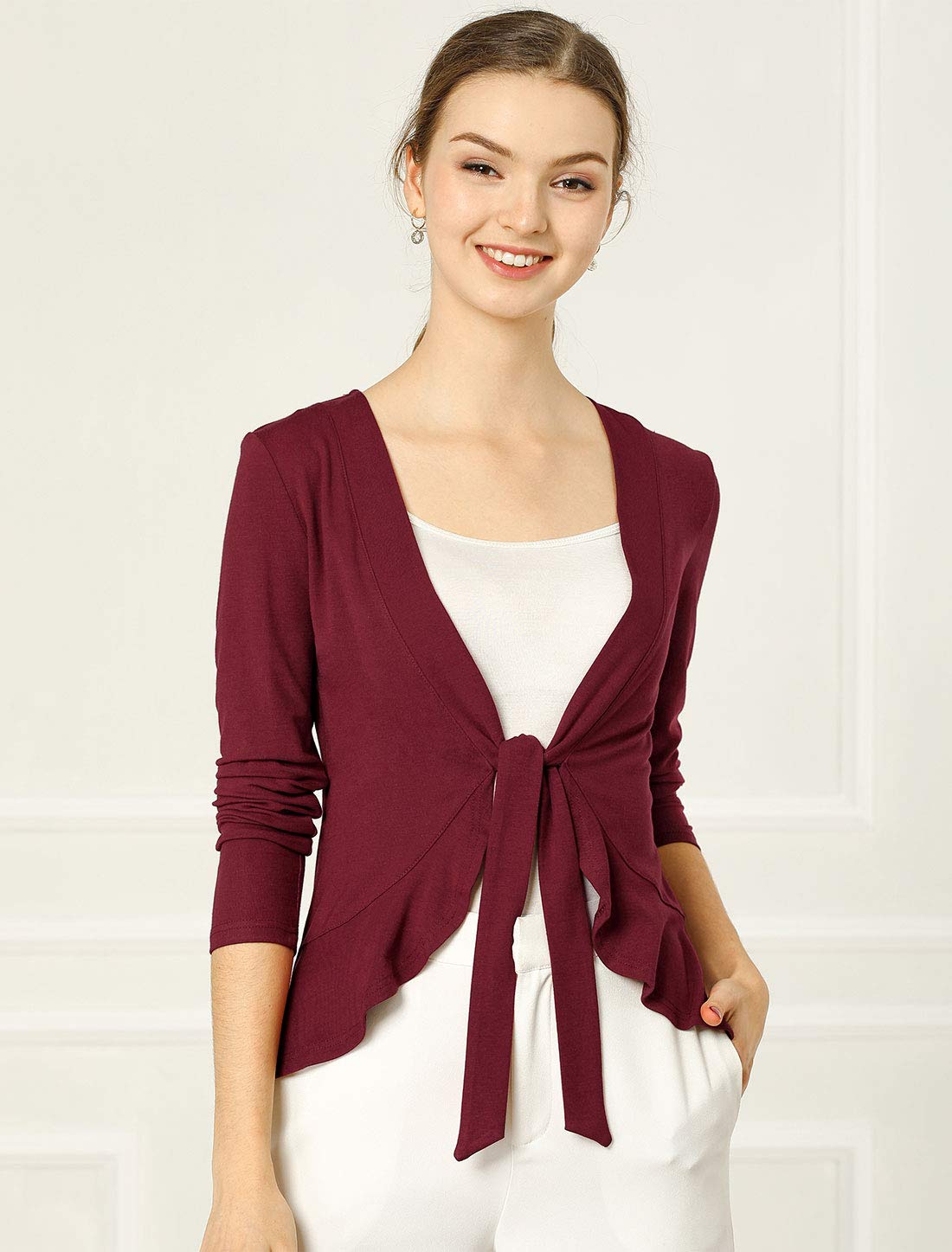 Allegra K Women's Tie Front Knit Cardigan with Ruffle Draped Detail - Elegant Casual Sweater for Office, Date Night & Fall Layering