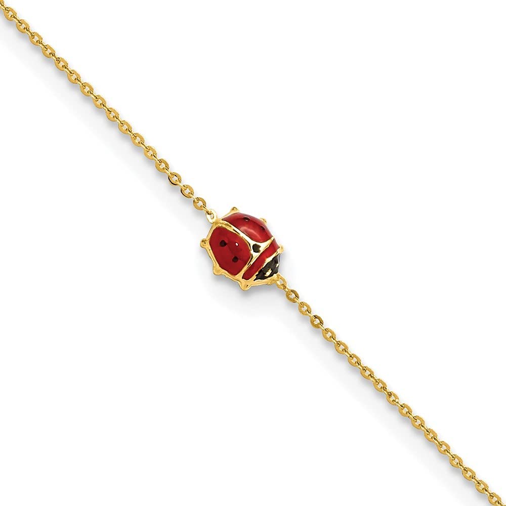14K Gold Polished Enameled Ladybug Charm Bracelet 6.5 Inch Adjustable Extension Chain - Elegant Jewelry Gift for Women, Girls, Teens - Perfect for Birthday, Anniversary, Valentine's Day & Everyday Wear