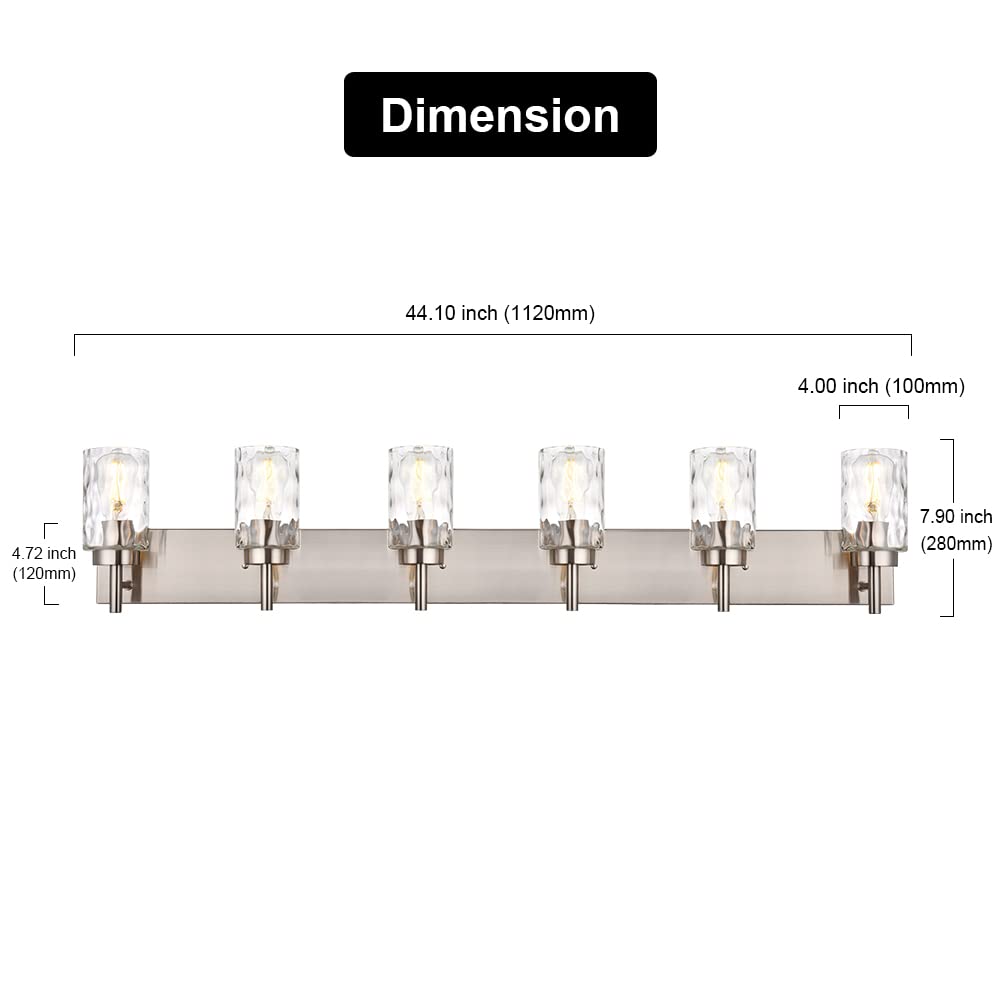 BONLICHT Mid-Century Modern Bathroom Vanity Wall Light - 6-Light Farmhouse Sconce with Clear Water Glass Shade, Brushed Nickel Finish - Perfect for Bathroom Mirror Lighting, Dining Room Wall Decor & Dressing Table Illumination