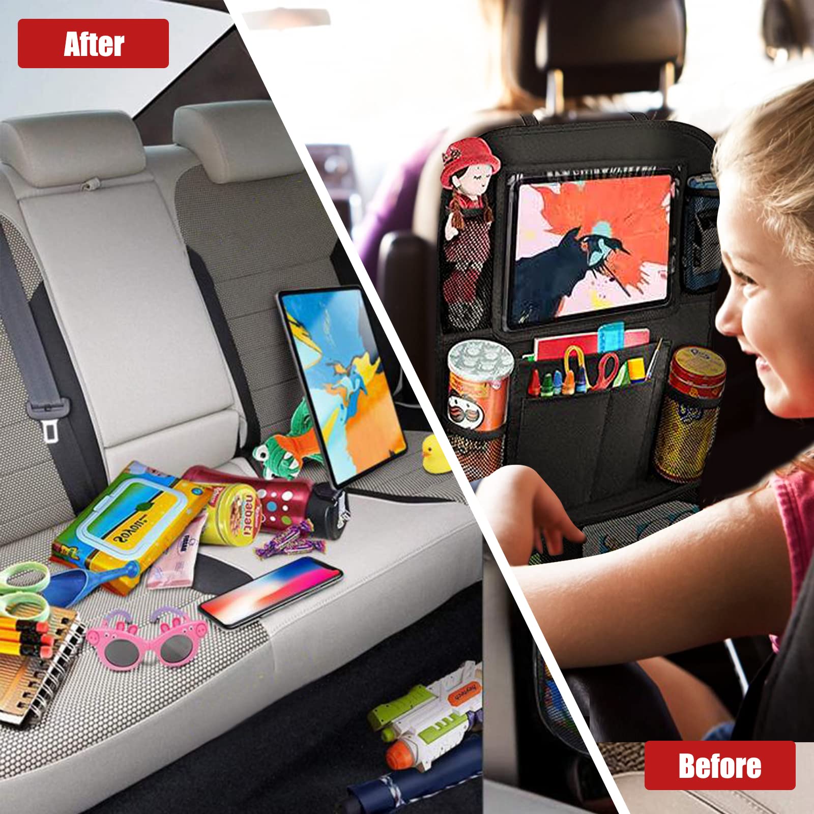 Backseat Car Organizer with Large Capacity - 2 Pack Mesh Netting Car Seat Organizer for Handbags, Phones, Documents & Travel Accessories - Perfect for Family Road Trips & Daily Commutes