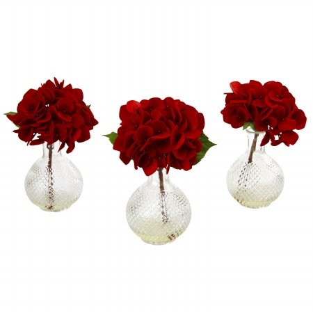 Premium Red Hydrangea Artificial Flowers with Elegant Glass Vase - Set of 3 for Home Decor, Wedding Centerpieces & Office Arrangements
