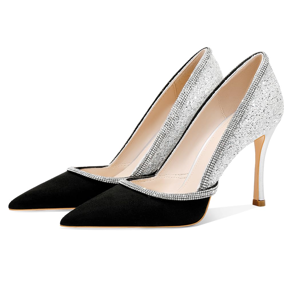 Sparkly Women's Rhinestone Pumps - Black & Silver Pointed Toe Stiletto Heels (3.74