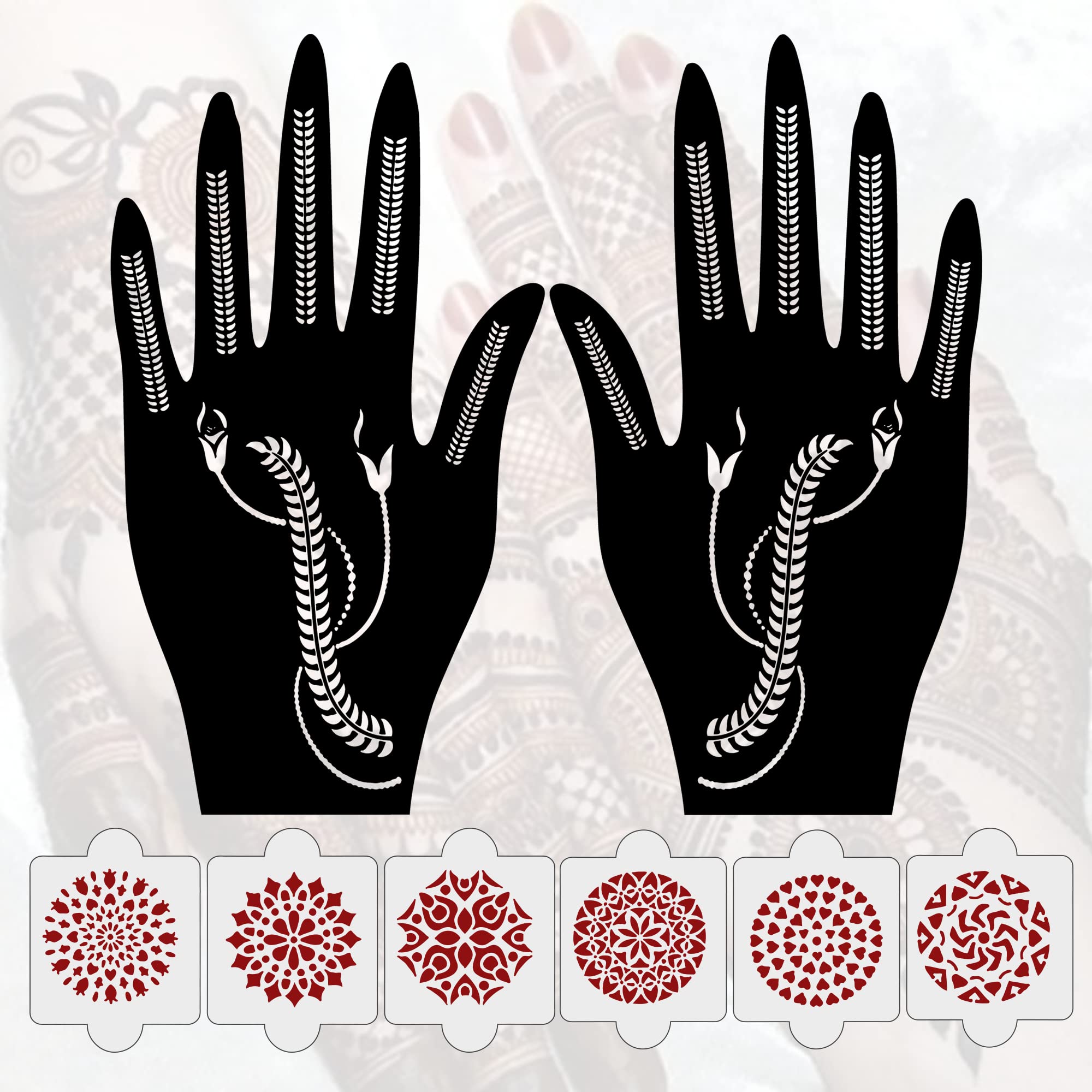 8-Piece Henna Stencil Tattoo Kit - 2 Henna Stencils + 6 Reusable PVC Laser-Cut Templates for Women, Girls & Kids | Easy Application Mehandi Stickers for Full Hand Designs | Perfect for Weddings, Festivals & DIY Body Art (IVH-18)