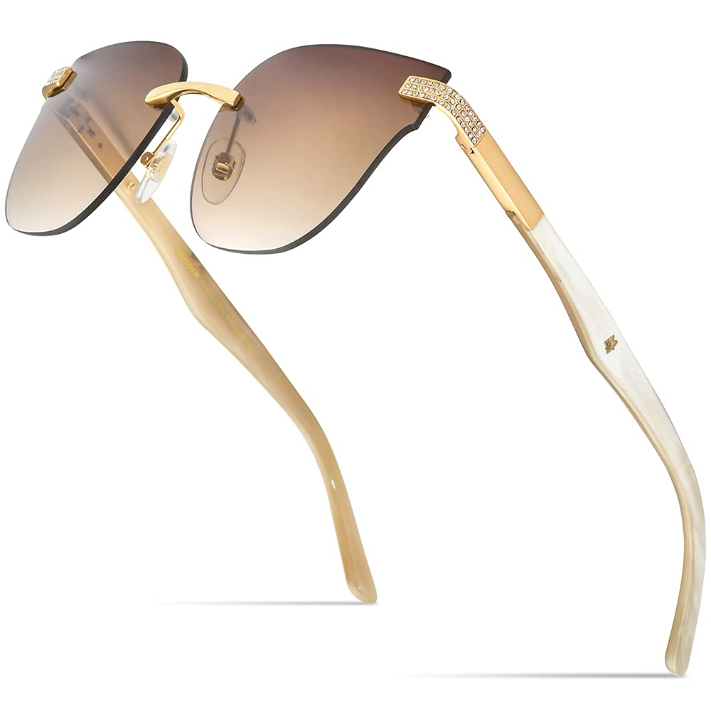 100% Real Buffalo Horn Handmade Women's Square Rimless Luxury Sunglasses with Diamonds - Fashion UV Protection Eyewear for Outdoor, Beach & Driving