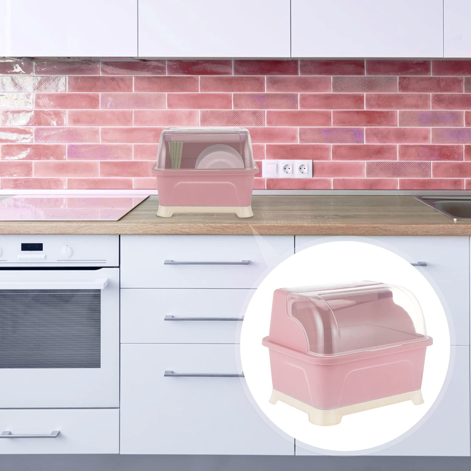 Pink Dish Drying Rack with Lid - Space Saving Bottle Storage Organizer for Kitchen Cabinet - Holds Coffee Mugs, Tea Cups, Bowls & Kitchenware - Perfect for Small Spaces, Dish Organization & Countertop Storage