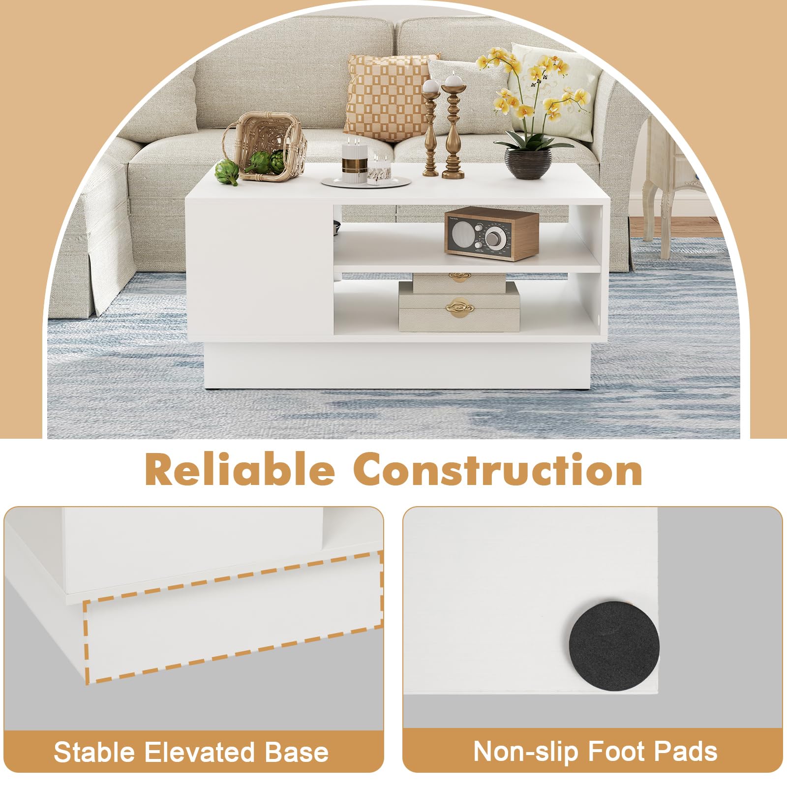 Giantex Modern White 2-Tier Coffee Table with Storage Shelf - Geometric Rectangle Sofa Table with Elevated Base - Perfect for Living Room, Reception Area, Lounge & Small Spaces - Sturdy Accent Table for Coffee, Books & Home Decor