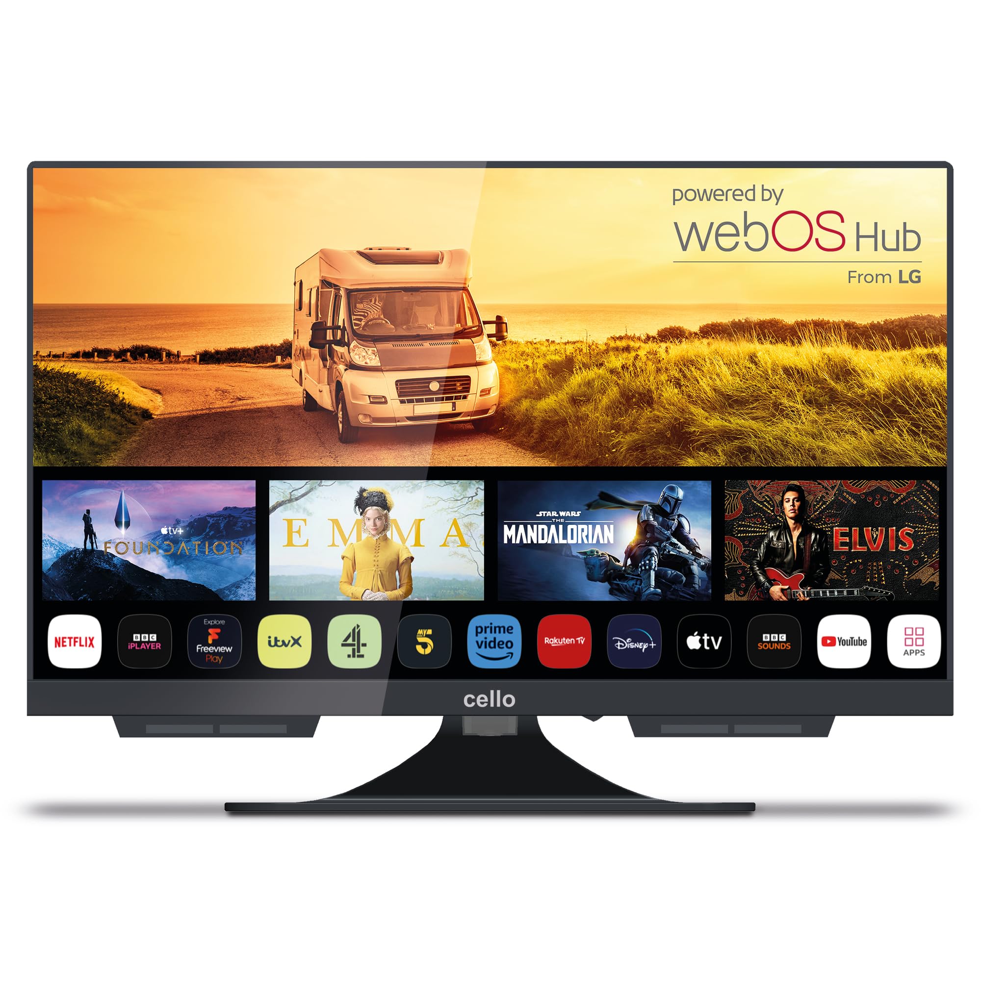 Cello C1924WS 19-Inch 12V Smart Frameless Travel TV with WebOS, Freeview Play, FreeSat, Bluetooth Speakers, Netflix - Perfect for Motorhomes, Caravans & Camping