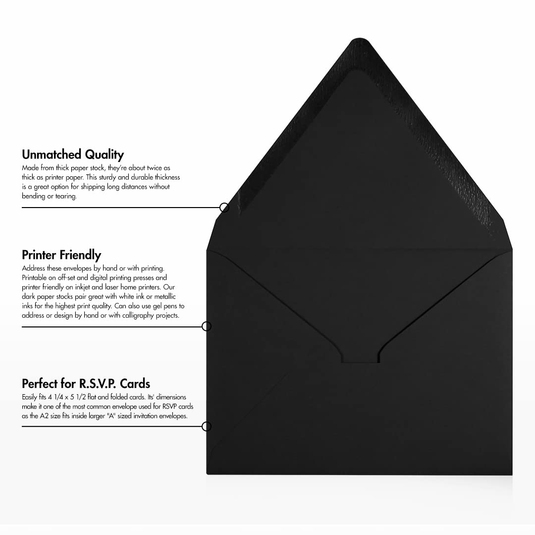 Premium A2 Contour Flap Envelopes 4 3/8 x 5 3/4 Inches - 1000 Pack Midnight Black for Business Invitations, Greeting Cards & Mailing - Elegant Stationery for Weddings, Corporate Events & Direct Mail