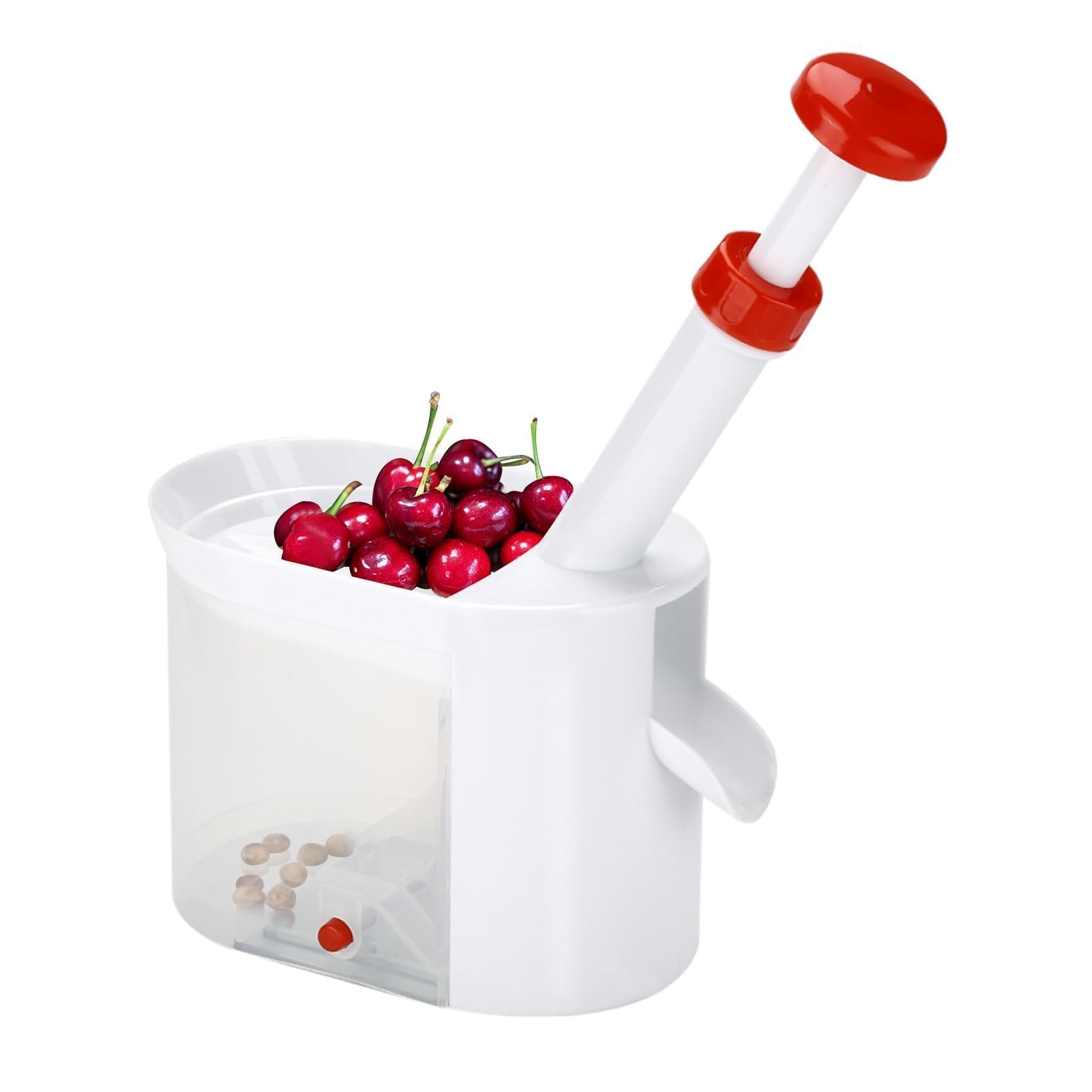 Cherry Pitter Tool with Stone Catcher Container - Reusable Plastic Cherry & Grape Seed Remover for Home, Kitchen, Travel - Perfect for Baking, Juicing, and Fruit Snacks