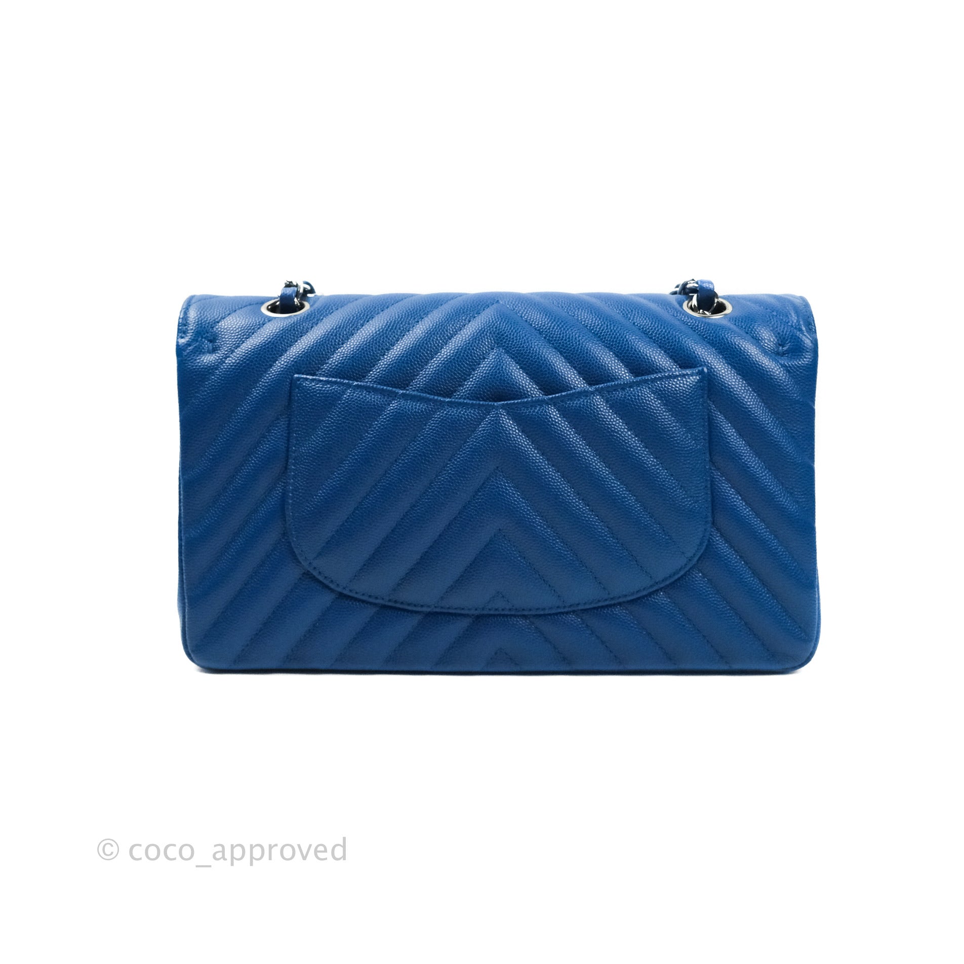 Chanel Classic Chevron M/L Medium Double Flap Bag in Blue Caviar Leather with Silver Hardware - Perfect for Work, Evening Events & Luxury Fashion Accessories