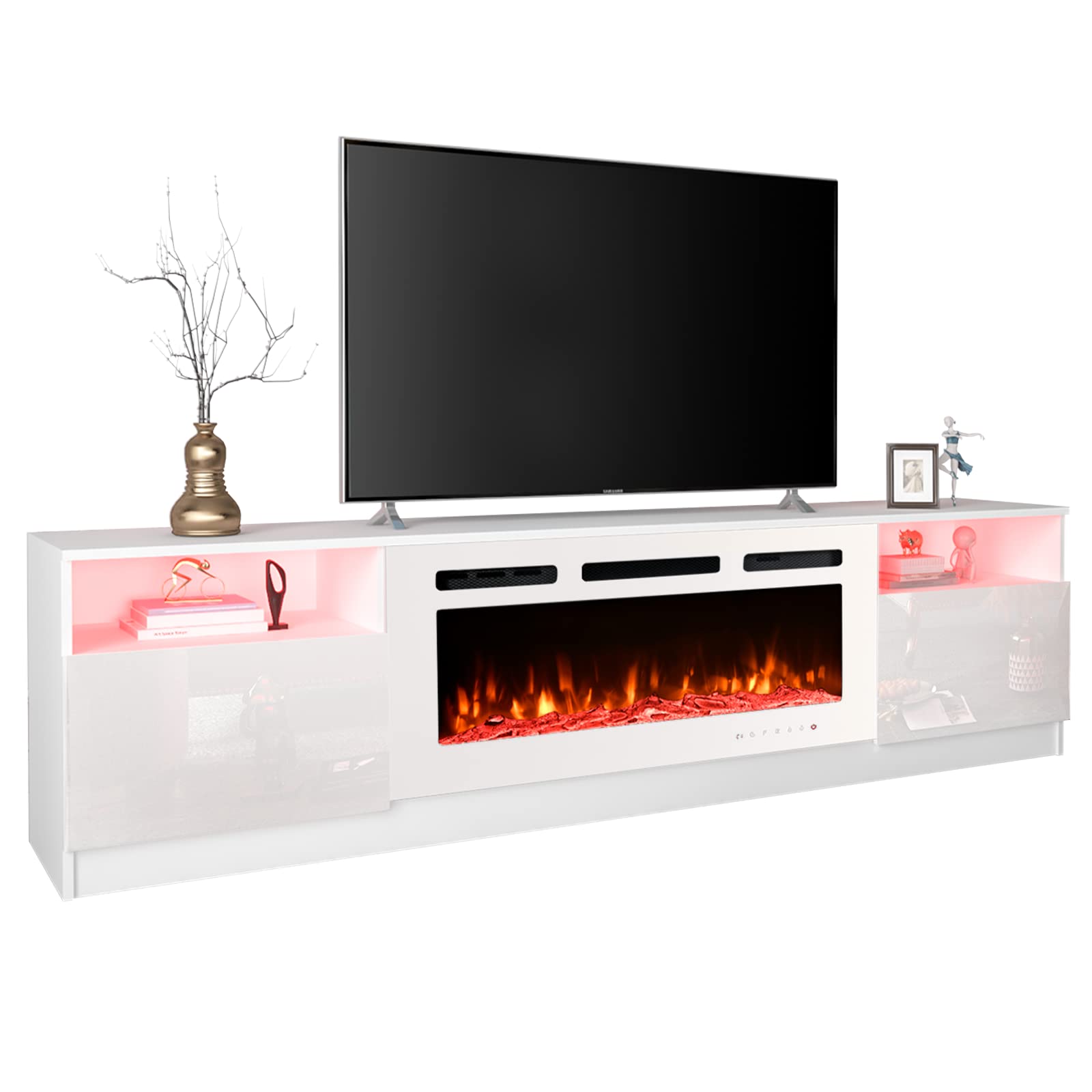 80'' Fireplace TV Stand with 40'' Electric Fireplace Heater - 16 Color LED Lights & 12 Flame Effects - Entertainment Center for TVs up to 90'' - Modern White TV Console for Living Room - Perfect for Home Theater Setup & Cozy Winter Nights