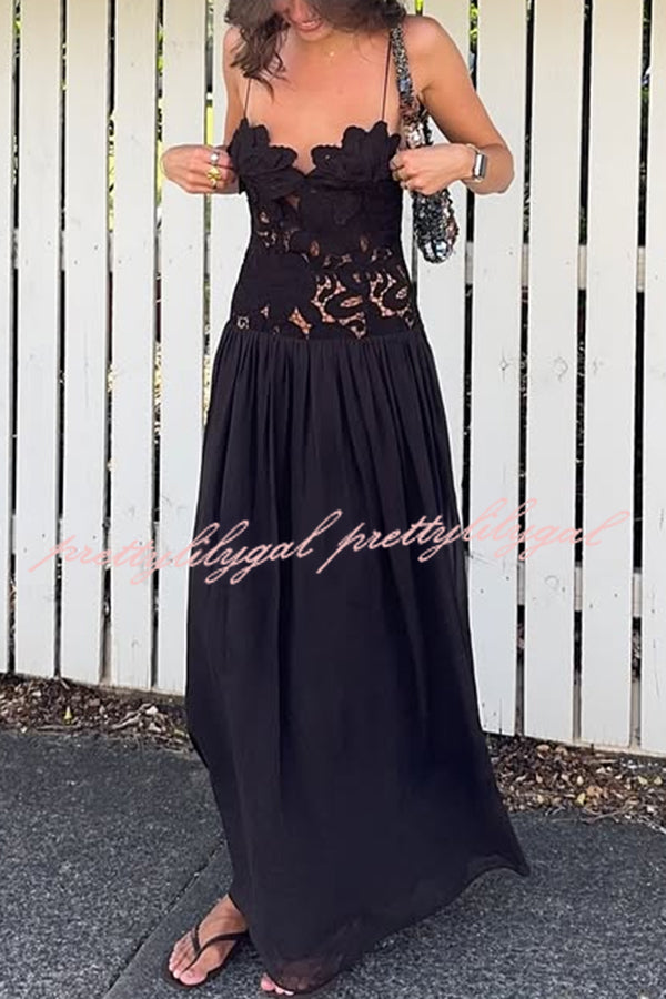 Stephanie Floral Crochet Lace Bust Chiffon Flowy Hem Maxi Dress for Women - Elegant Summer Beach Wedding Party Dress