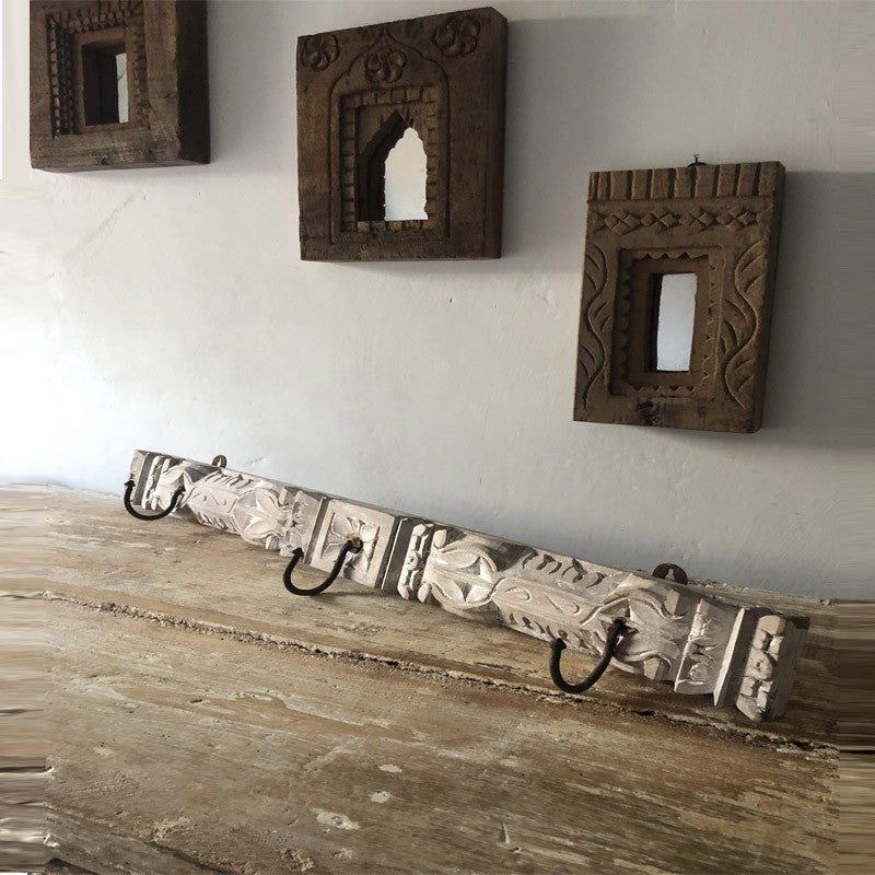 Hand Carved Floral Indian Wooden Coat Rack Wall Hanger with 3 Hooks - 60cm Vintage Entryway Organizer for Hats, Scarves & Jackets