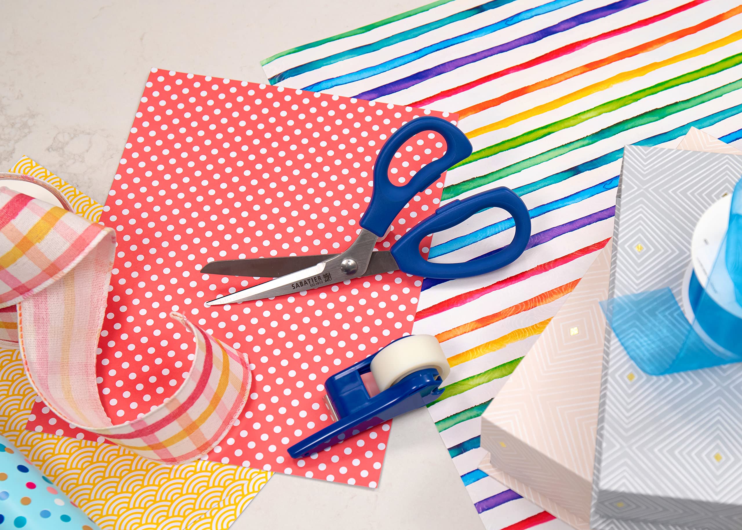 Sabatier 2-in-1 All-Purpose Scissors with Removable Tape Dispenser - Ultra Sharp Stainless Steel Multi-Purpose Scissors for Office, Home, Crafting & Gift Wrapping (11.4 Inch, Blue) - Perfect for Cutting Wrapping Paper, Ribbons, Tape & Everyday Household Tasks
