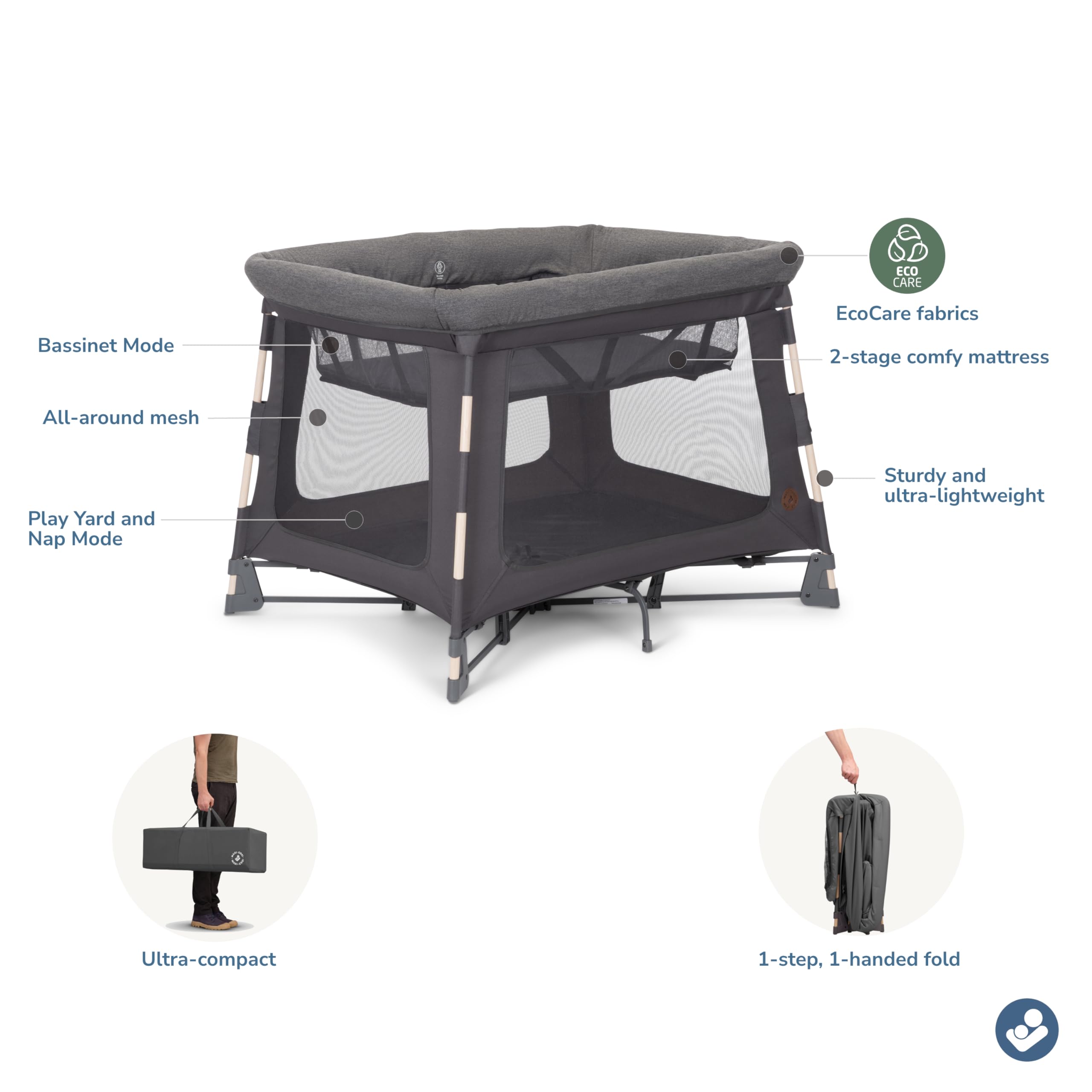 Maxi-Cosi Swift Baby Playpen with Mat - Portable Play Yard for Infants & Toddlers, Includes Bassinet & Pack n Play - Classic Graphite | Indoor & Outdoor Use for Home, Travel & Daycare