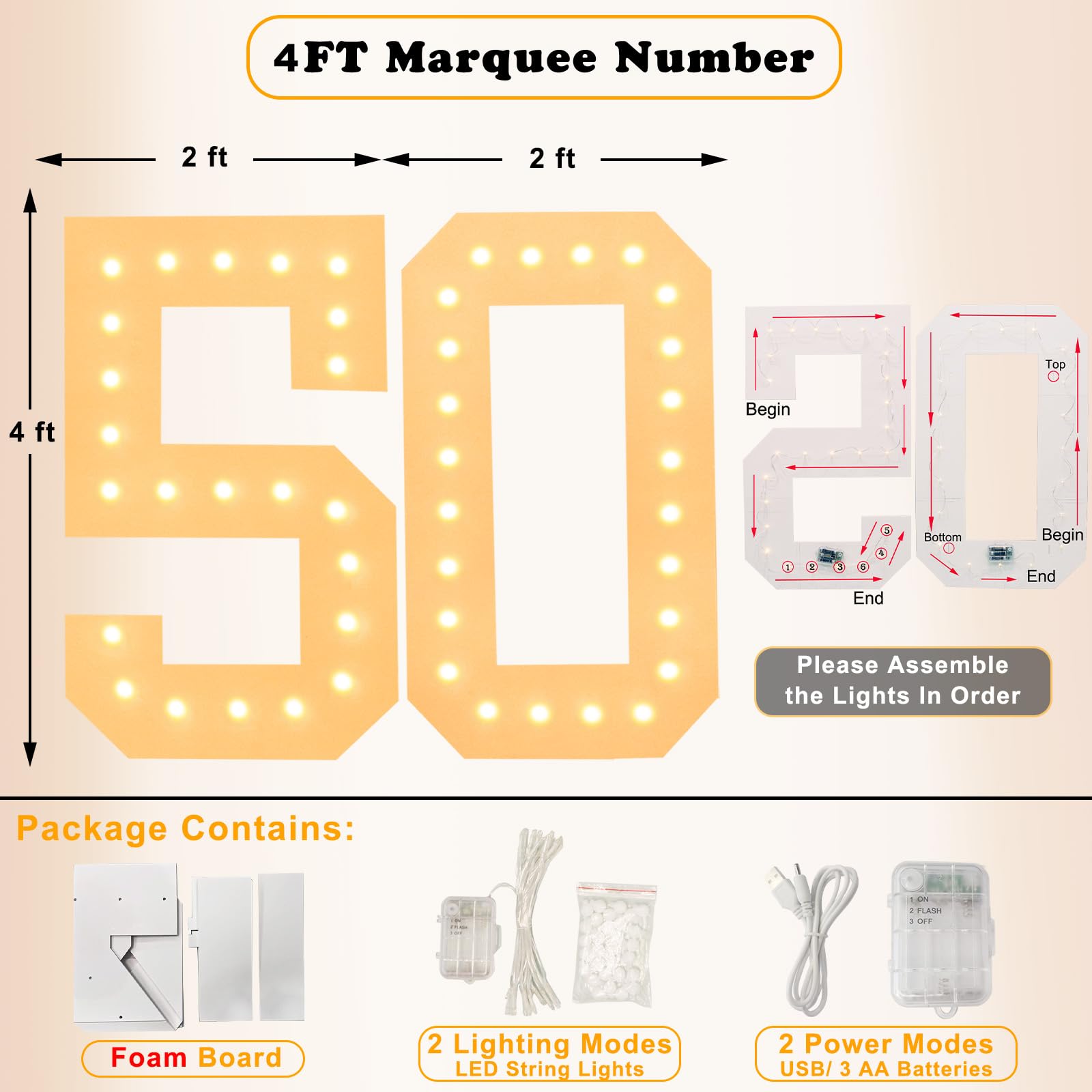 LOBOOM 4FT Light Up Numbers - Giant Marquee Number 50 Sign for Birthday & Anniversary Decor | Pre-Cut Large Frame Mosaic Number | Perfect for 50th Birthday Party Backdrops, Anniversary Celebrations & Photo Booths