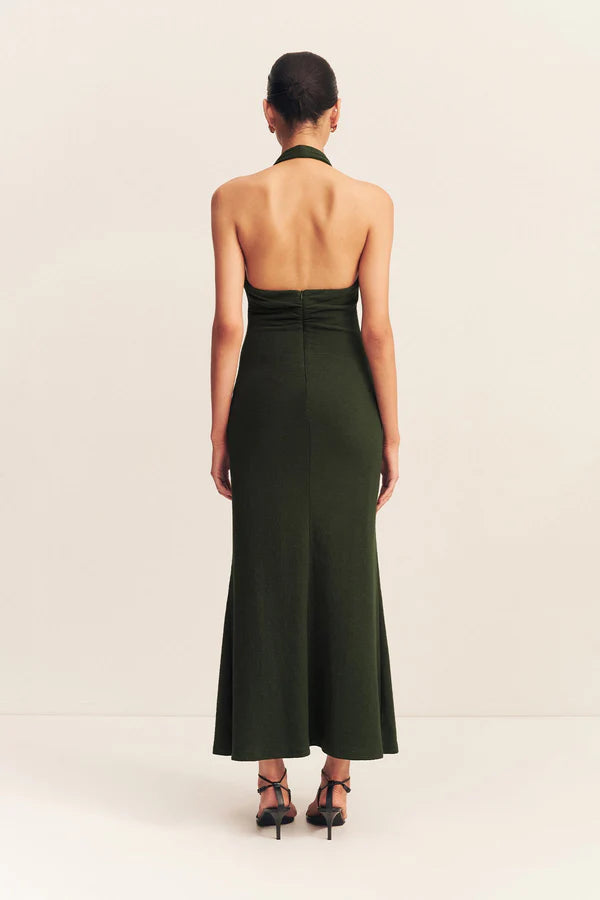 Beau Halter Ruched Midi Dress in Army Green - Elegant Bodycon Dress for Women, Perfect for Date Night, Cocktail Parties & Special Occasions