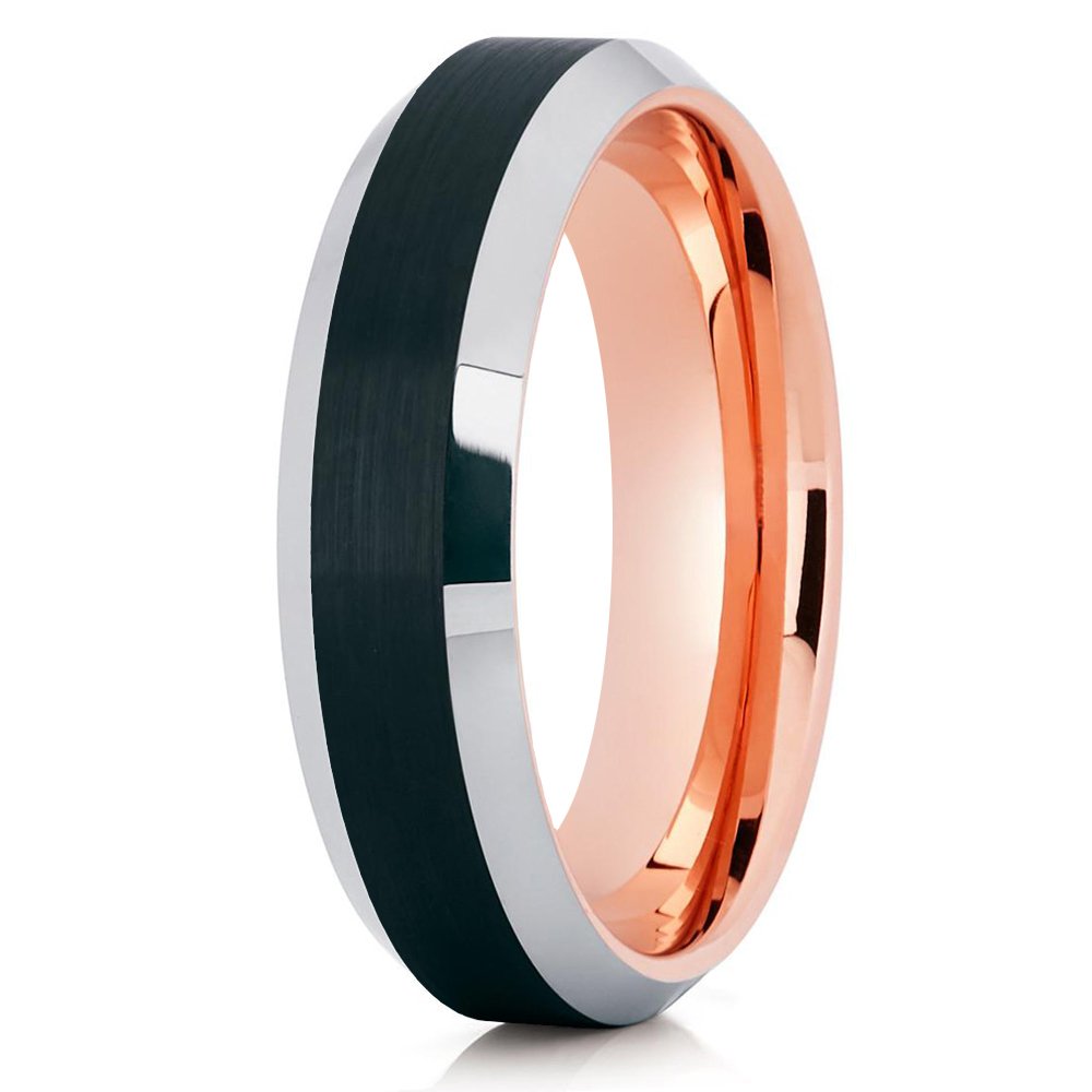 6mm Rose Gold Black Tungsten Carbide Wedding Band for Men & Women - Comfort Fit, Beveled Edges, 18k Rose Gold Plated - Perfect for Anniversary, Engagement & Everyday Wear